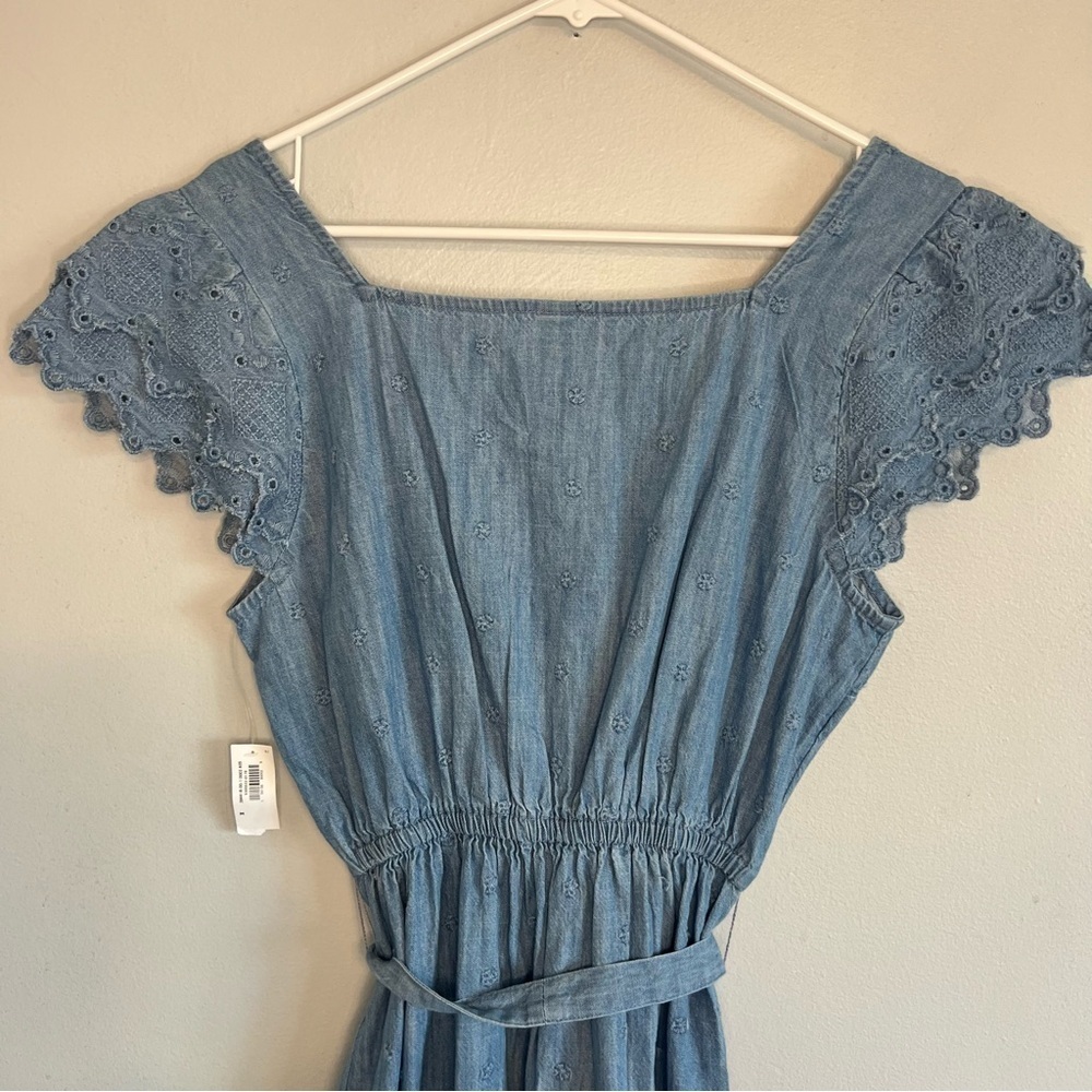 NWT Old Navy Denim Embroidered Mini Dress Cap Sleeve Square Neck Sz M Button Up - Picture 12 of 13